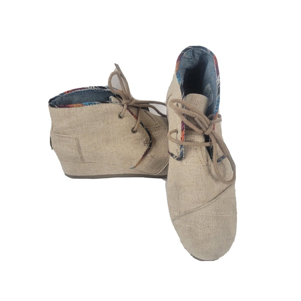 TOMS Desert Wedge Burlap Cream Suede Booties Lace Up Kids Shoes Size 3